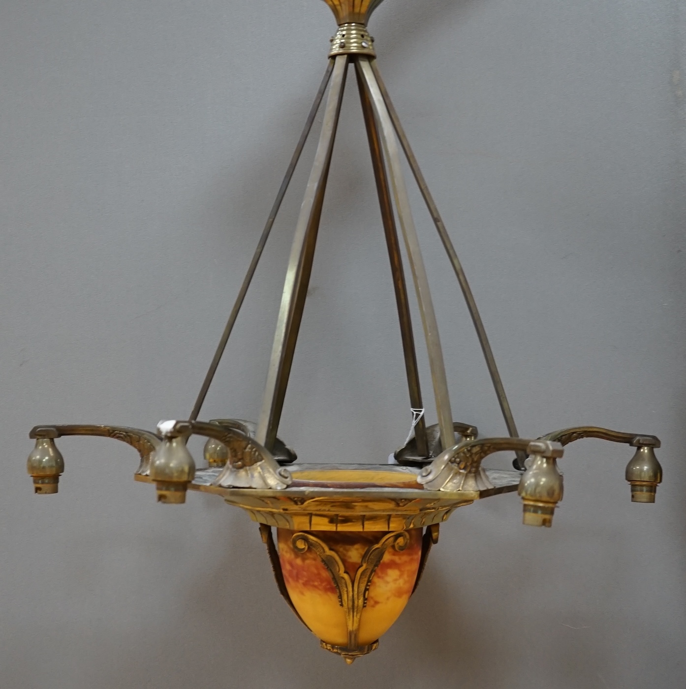A French Art Deco hanging brass electrolier with Verre Deross mottled glass shade. Condition - good, untested